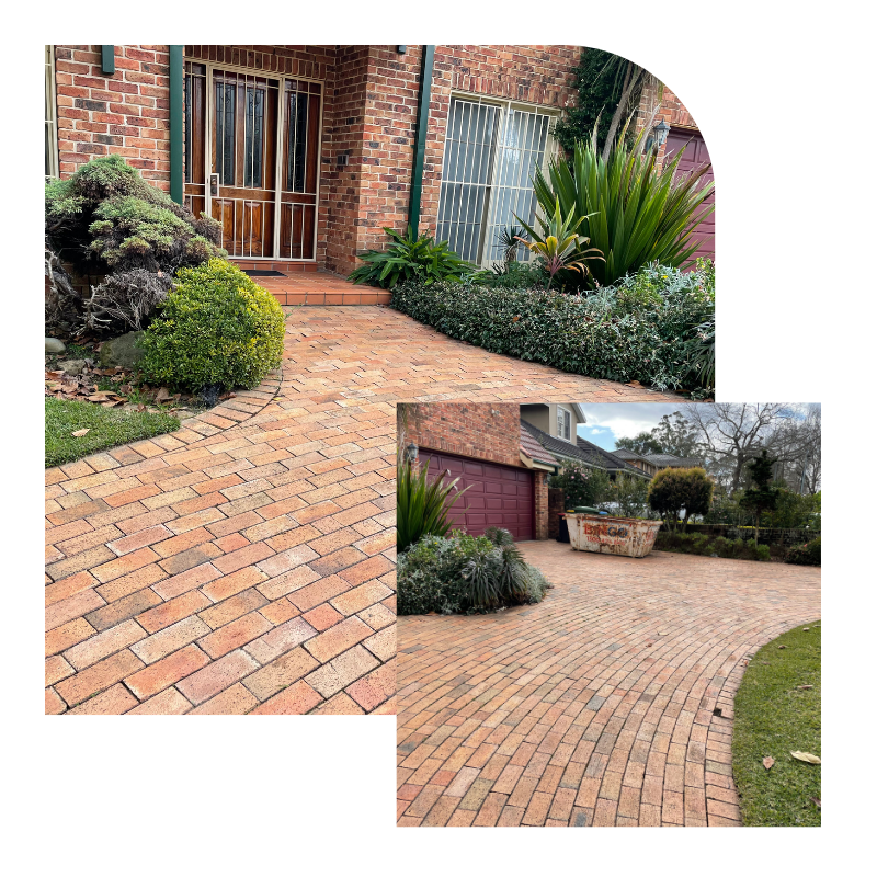 Well-maintained brick driveway leading to the front door of a home, with neat landscaping and a clean, inviting entrance.