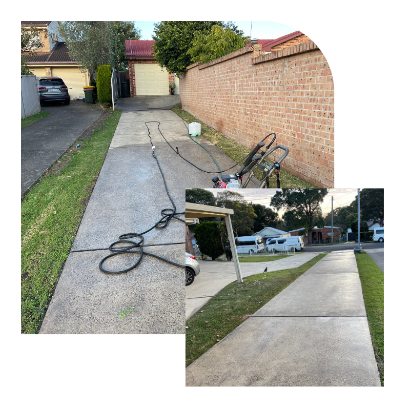 Before and after comparison of a driveway pressure washing