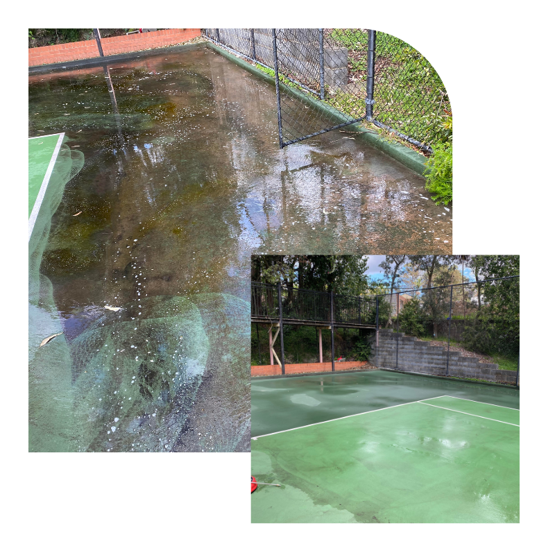 Before and after images of tennis court pressure cleaning showing the removal of algae and dirt.