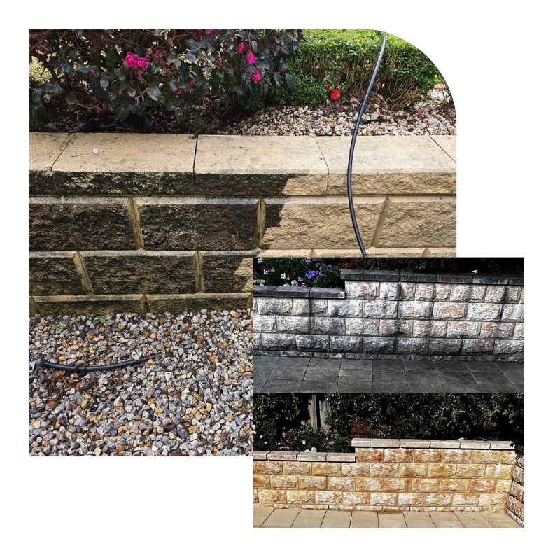 Sandstone wall with noticeable dark stains before cleaning, and the same wall after cleaning with a bright, fresh appearance.