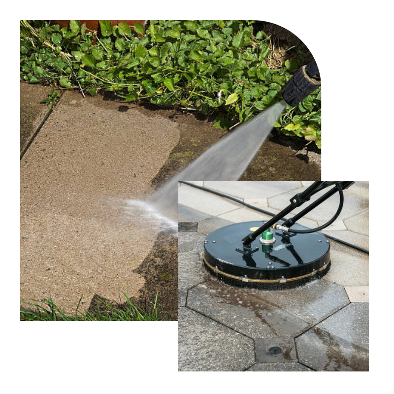 High-pressure washing equipment cleaning a concrete surface with visible results, highlighting eco-friendly cleaning methods.