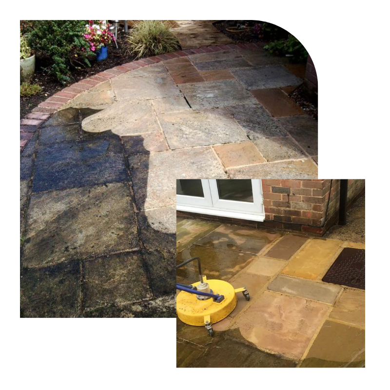 Before and after of a stone walkway cleaned with a pressure washer, showing significant improvement.