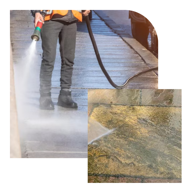 A worker pressure washing a concrete surface and removing moss from stone slabs.