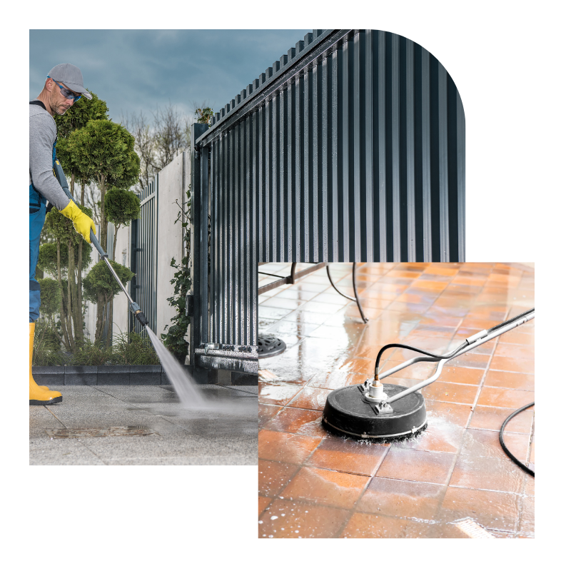 A professional pressure washing a metal fence and cleaning a tiled surface with a surface cleaner.