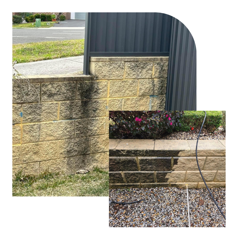 Sandstone wall before and after cleaning, showing the removal of dark stains and revealing a clean surface.